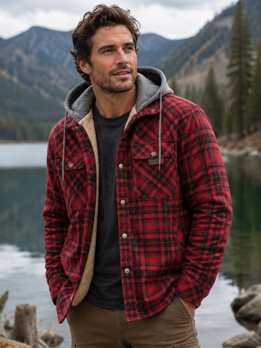 NWOT Men’s Flannel Shirt Jacket Sherpa Fleece Plaid Hoodie - Size XL